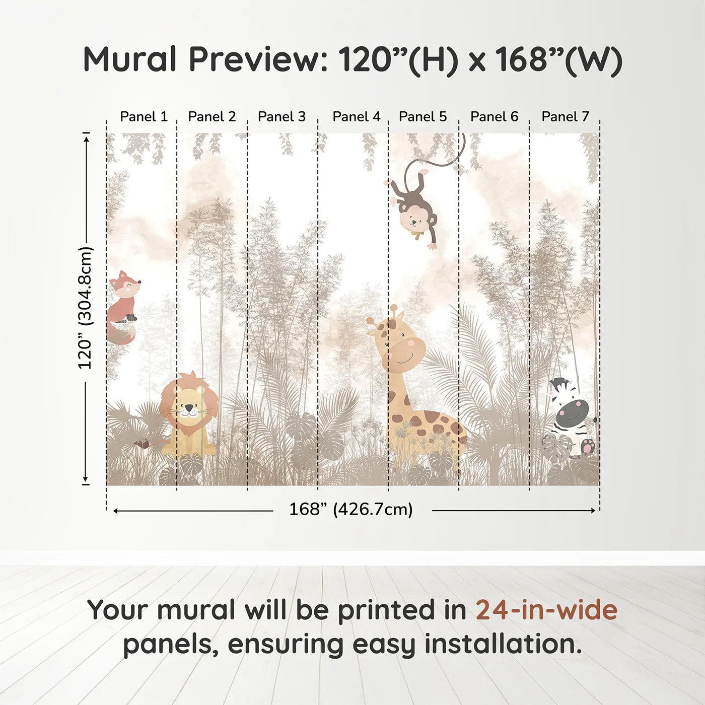 Whimsy Tots Misty Jungle Friends Wall Muraldimension view (120" H x 168" W). Printed in seven 24-inch-wide panels. Gender-Neutral