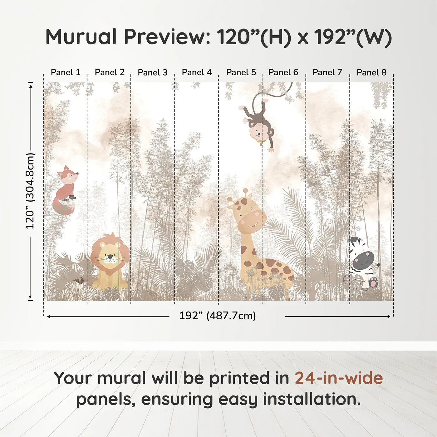 Whimsy Tots Misty Jungle Friends Wall Muraldimension view (120" H x 192" W). Printed in eight 24-inch-wide panels. Gender-Neutral