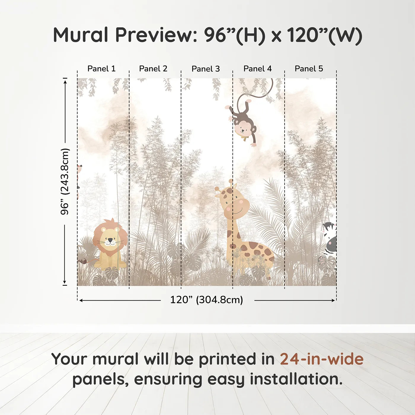 Whimsy Tots Misty Jungle Friends Wall Muraldimension view (96" H x 120" W). Printed in five 24-inch-wide panels. Gender-Neutral