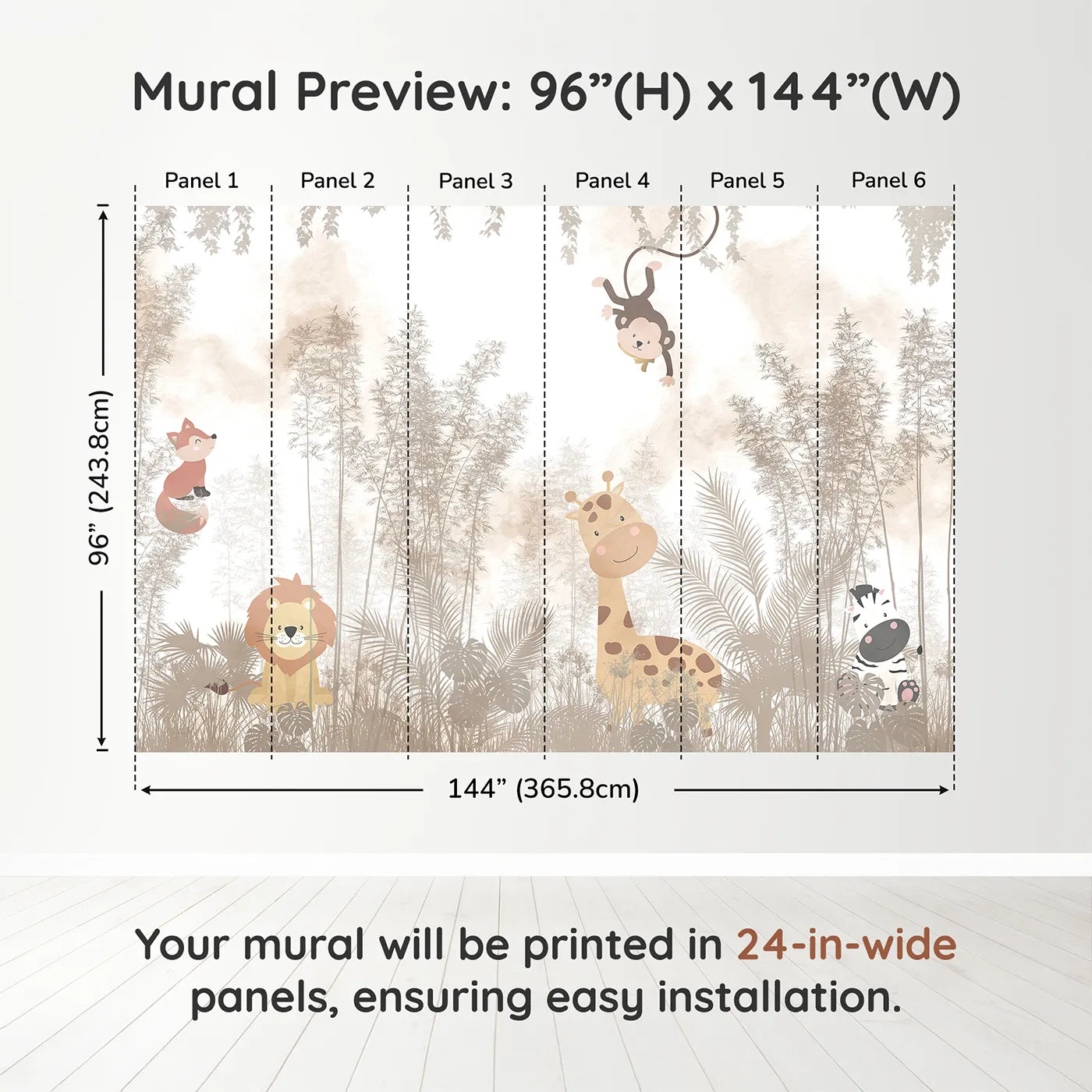 Whimsy Tots Misty Jungle Friends Wall Muraldimension view (96" H x 144" W). Printed in six 24-inch-wide panels. Gender-Neutral