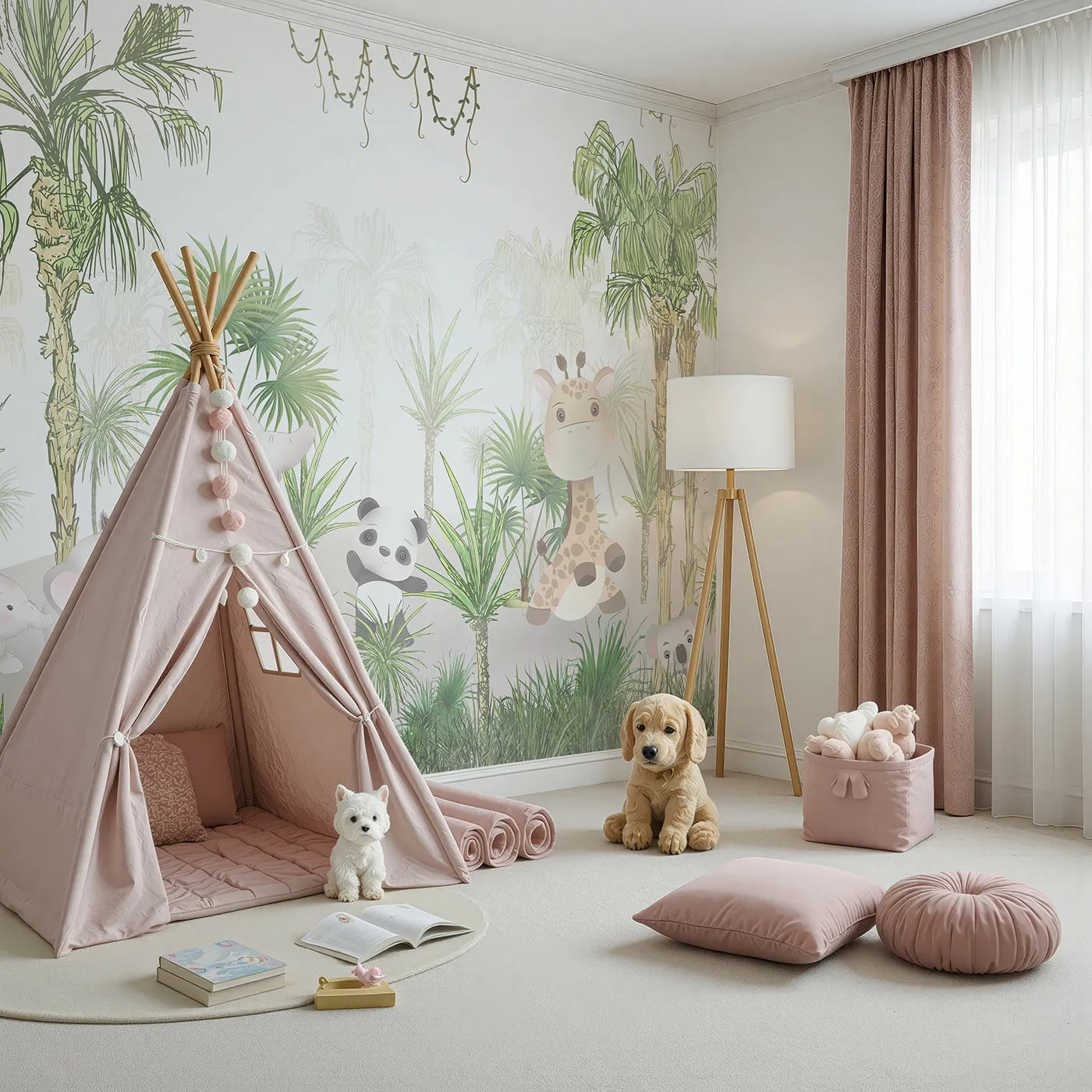 Angled view of Whimsy Tots' Jungle Pals Wall Mural (Turn Their Room into the Sweetest, Greenest Hideaway).Gender-Neutral