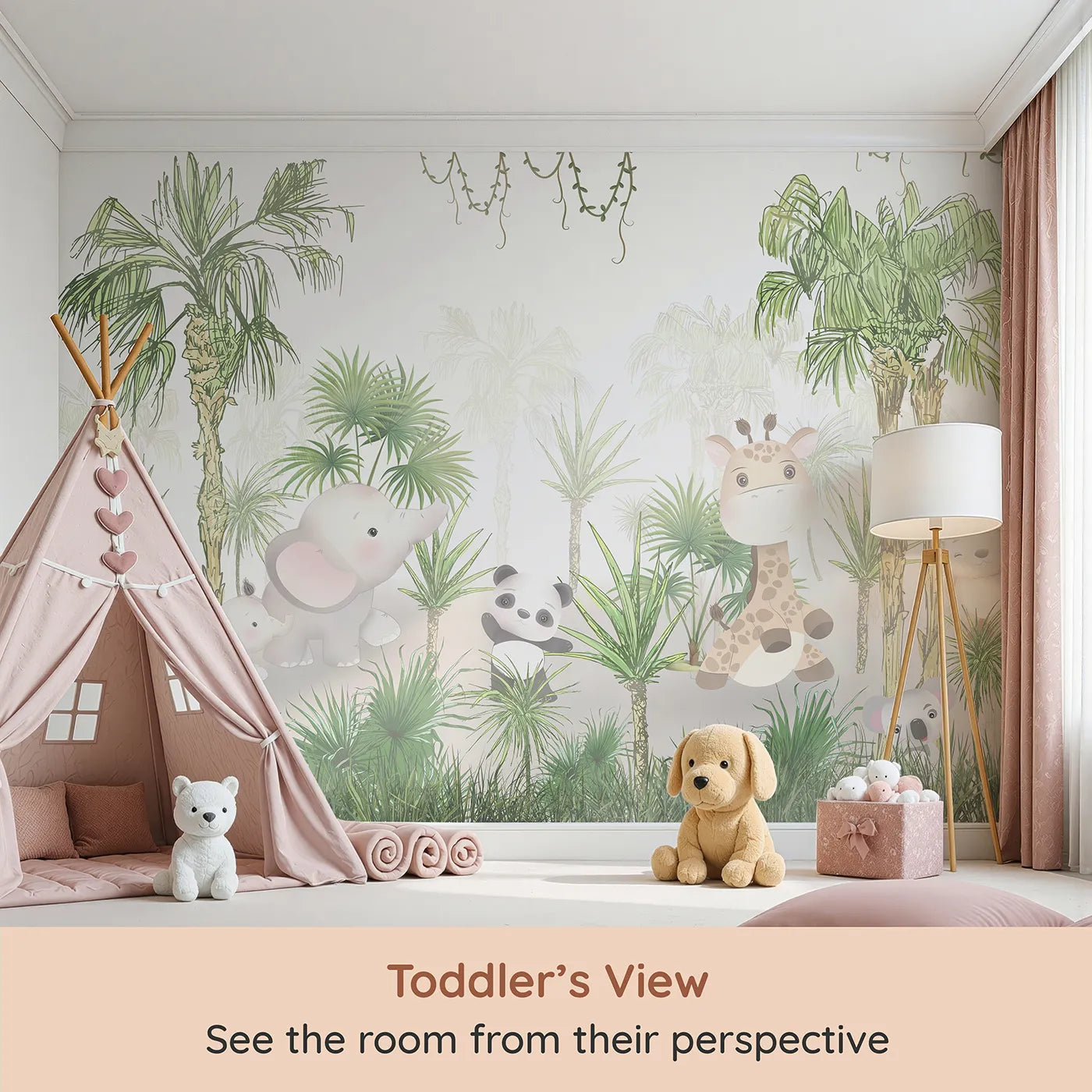 Whimsy Tots Jungle Pals Wall Mural (Turn Their Room into the Sweetest, Greenest Hideaway) from your child's view.Gender-Neutral