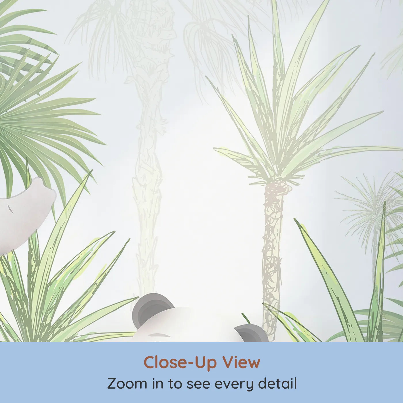Close-up view of Whimsy Tots' Jungle Pals Wall Mural (Turn Their Room into the Sweetest, Greenest Hideaway).Gender-Neutral