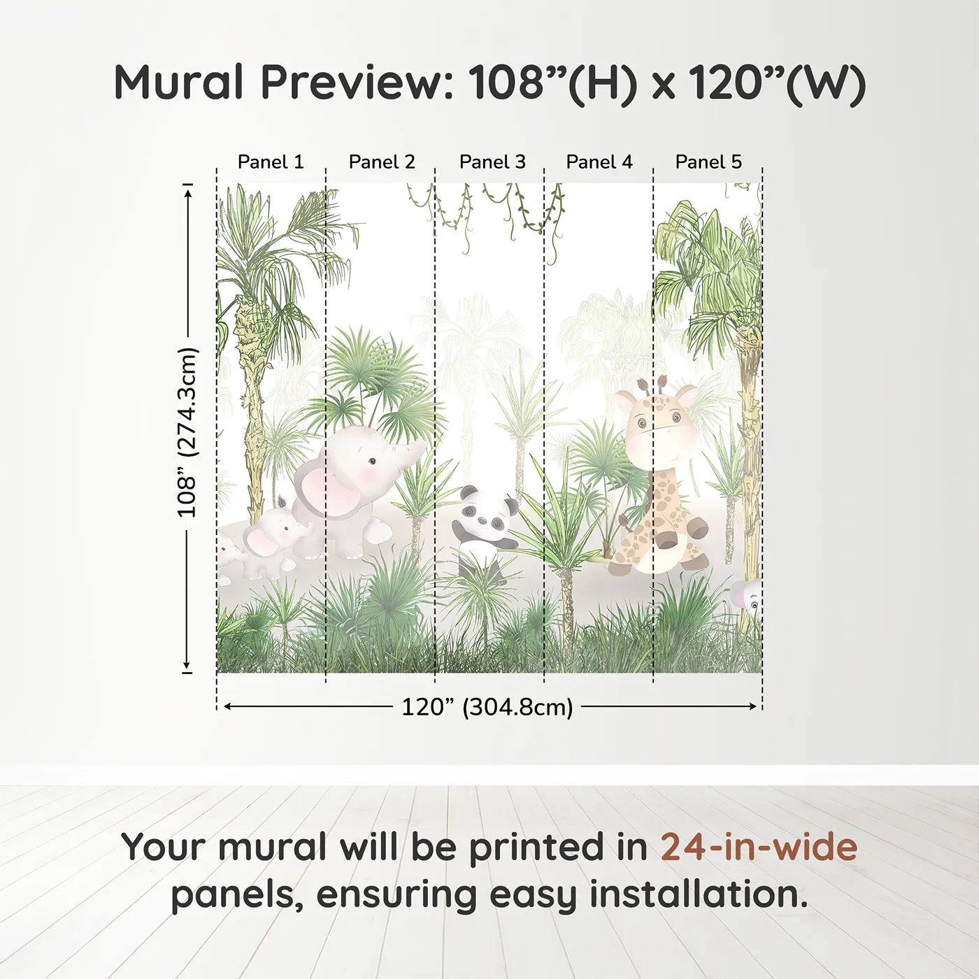 Whimsy Tots Jungle Pals Wall Muraldimension view (108" H x 120" W). Printed in five 24-inch-wide panels. Gender-Neutral