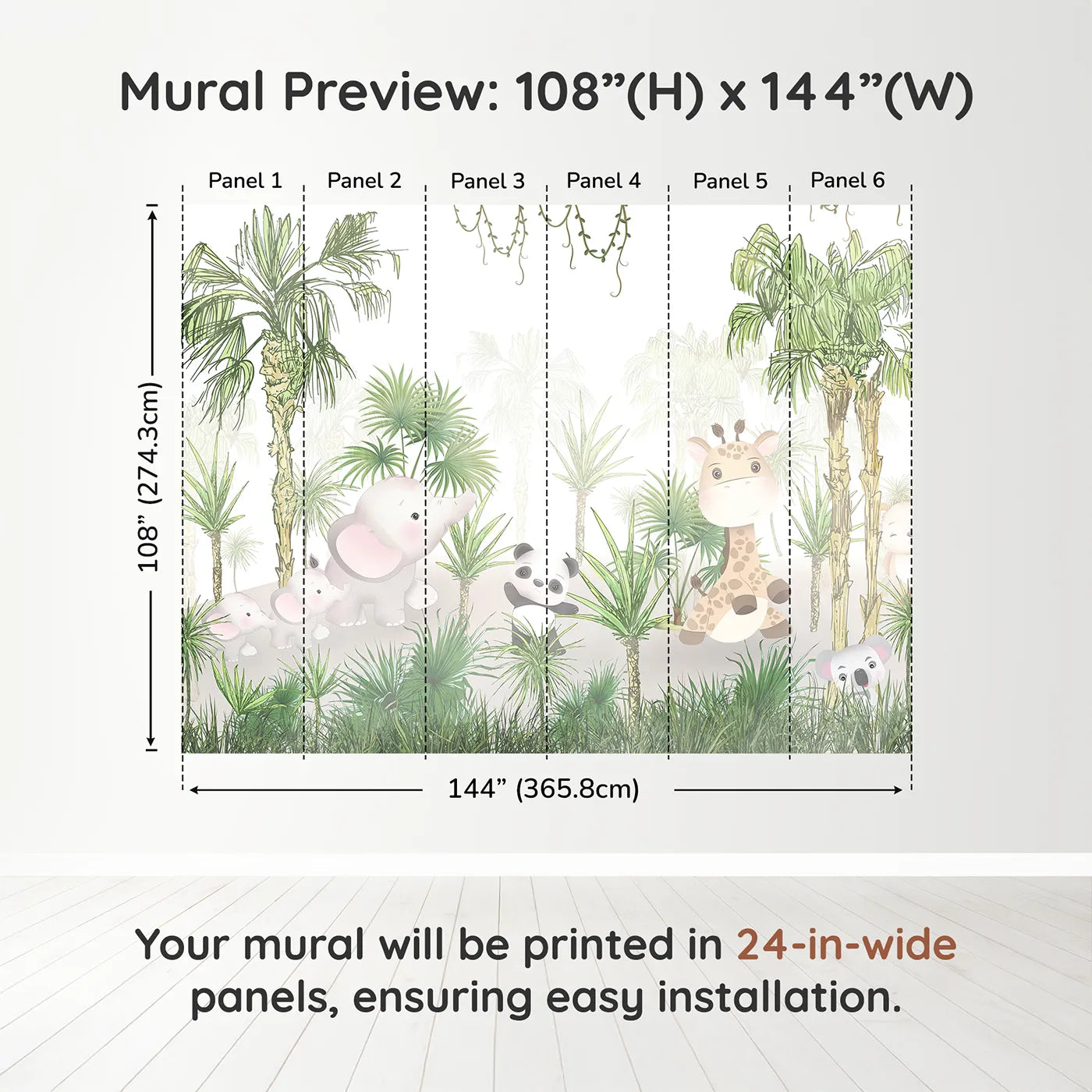 Whimsy Tots Jungle Pals Wall Muraldimension view (108" H x 144" W). Printed in six 24-inch-wide panels. Gender-Neutral