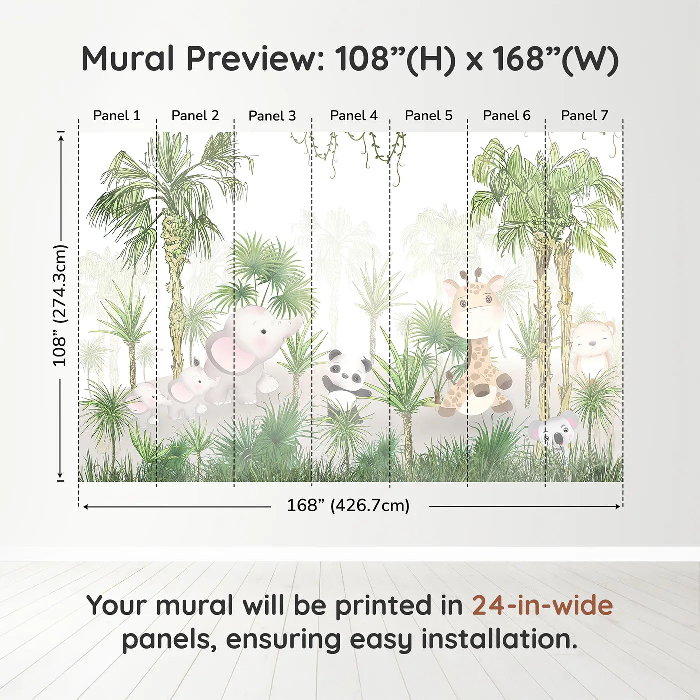 Whimsy Tots Jungle Pals Wall Muraldimension view (108" H x 168" W). Printed in seven 24-inch-wide panels. Gender-Neutral