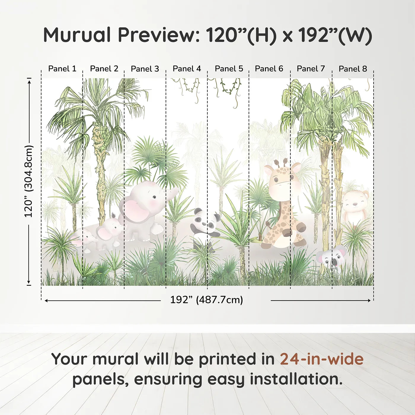 Whimsy Tots Jungle Pals Wall Muraldimension view (120" H x 192" W). Printed in eight 24-inch-wide panels. Gender-Neutral
