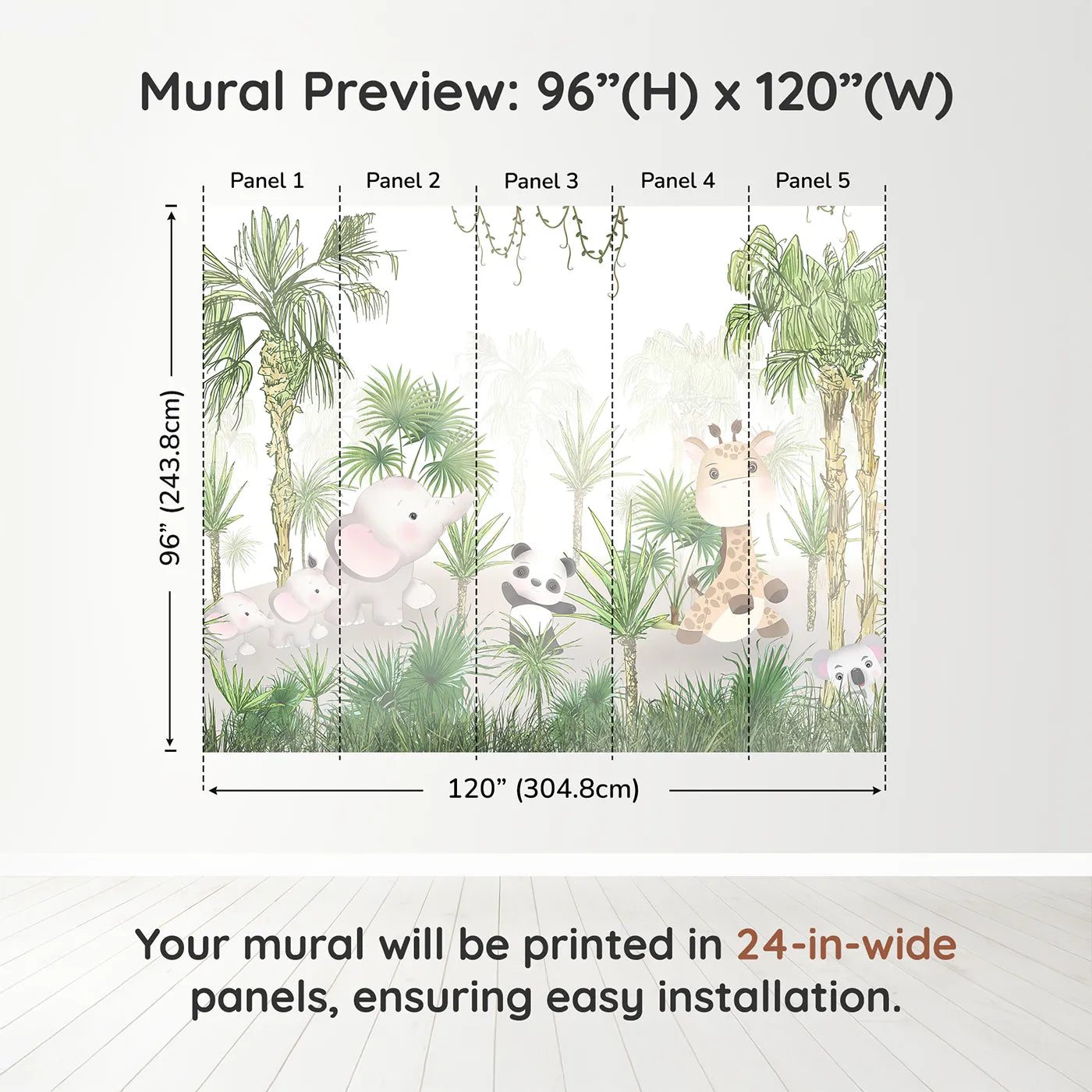 Whimsy Tots Jungle Pals Wall Muraldimension view (96" H x 120" W). Printed in five 24-inch-wide panels. Gender-Neutral