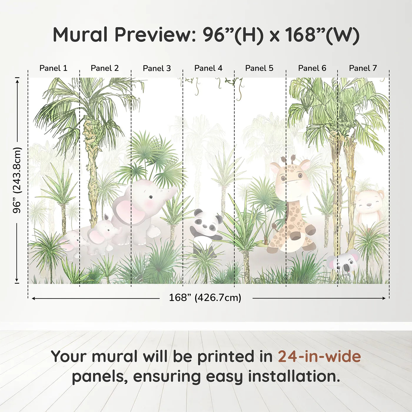 Whimsy Tots Jungle Pals Wall Muraldimension view (96" H x 168" W). Printed in seven 24-inch-wide panels. Gender-Neutral