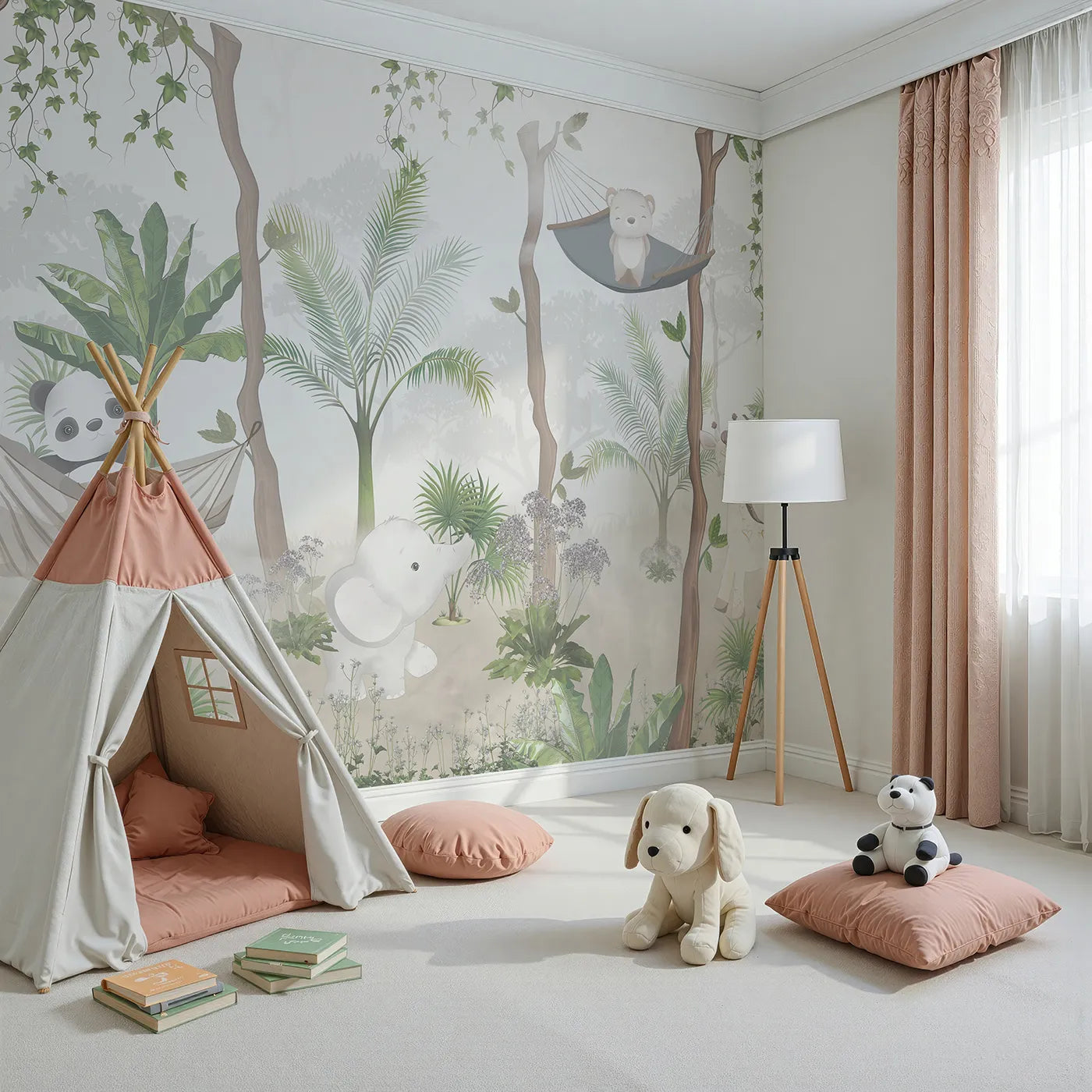 Angled view of Whimsy Tots' Jungle Hangout Wall Mural (Turn Their Room into the Coziest Treetop Clubhouse).Gender-Neutral