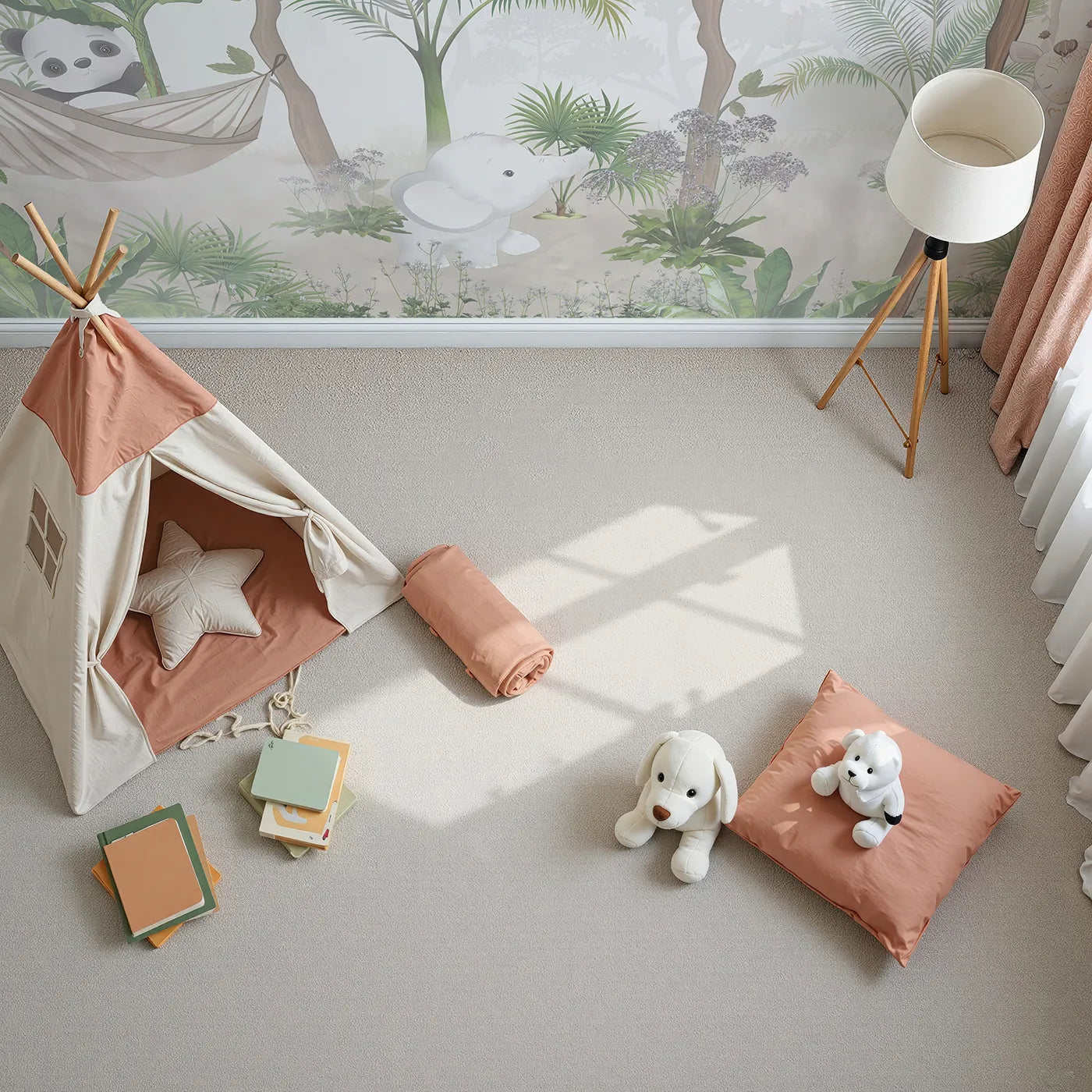 Top-down view of Whimsy Tots' Jungle Hangout Wall Mural (Turn Their Room into the Coziest Treetop Clubhouse).Gender-Neutral