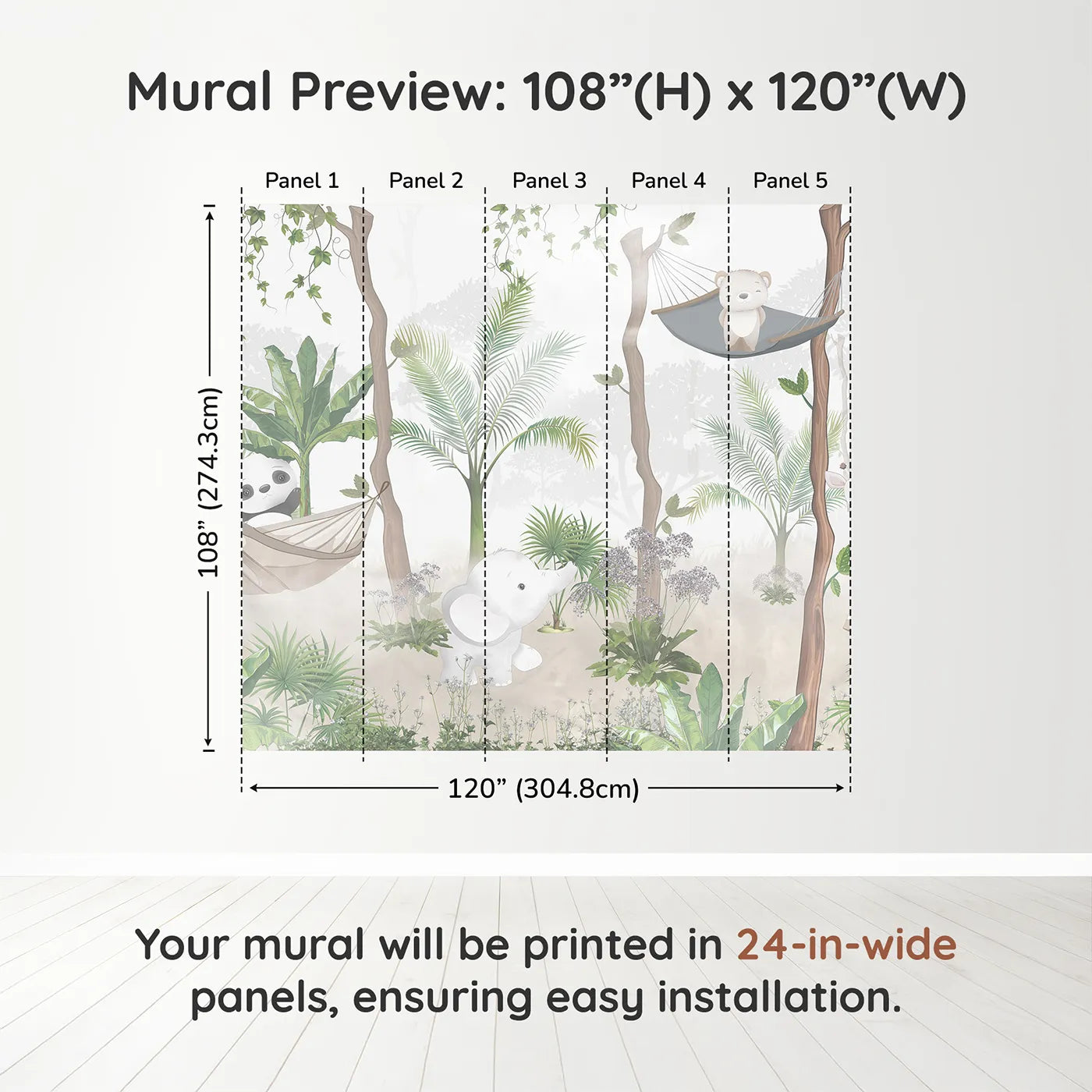 Whimsy Tots Jungle Hangout Wall Muraldimension view (108" H x 120" W). Printed in five 24-inch-wide panels. Gender-Neutral