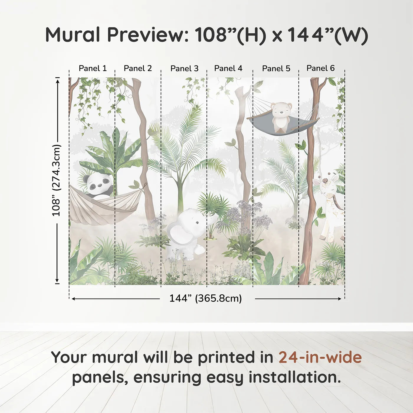 Whimsy Tots Jungle Hangout Wall Muraldimension view (108" H x 144" W). Printed in six 24-inch-wide panels. Gender-Neutral