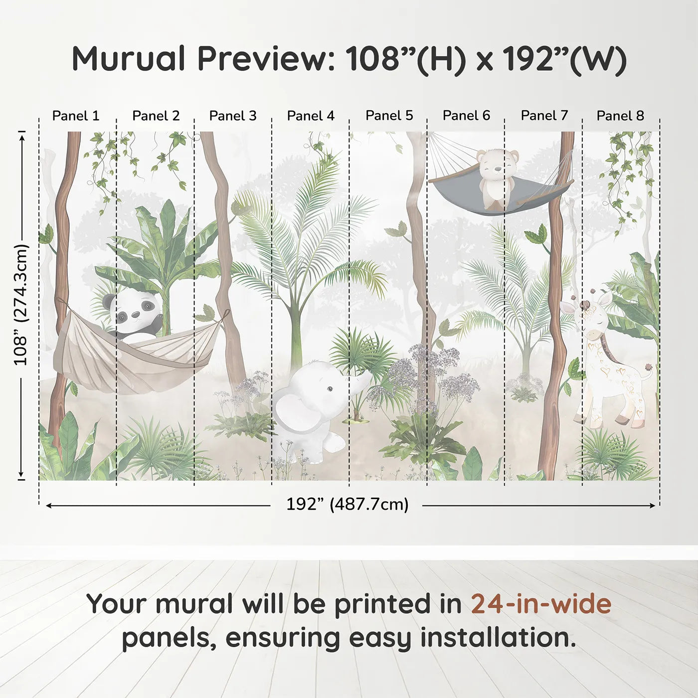 Whimsy Tots Jungle Hangout Wall Muraldimension view (108" H x 192" W). Printed in eight 24-inch-wide panels. Gender-Neutral