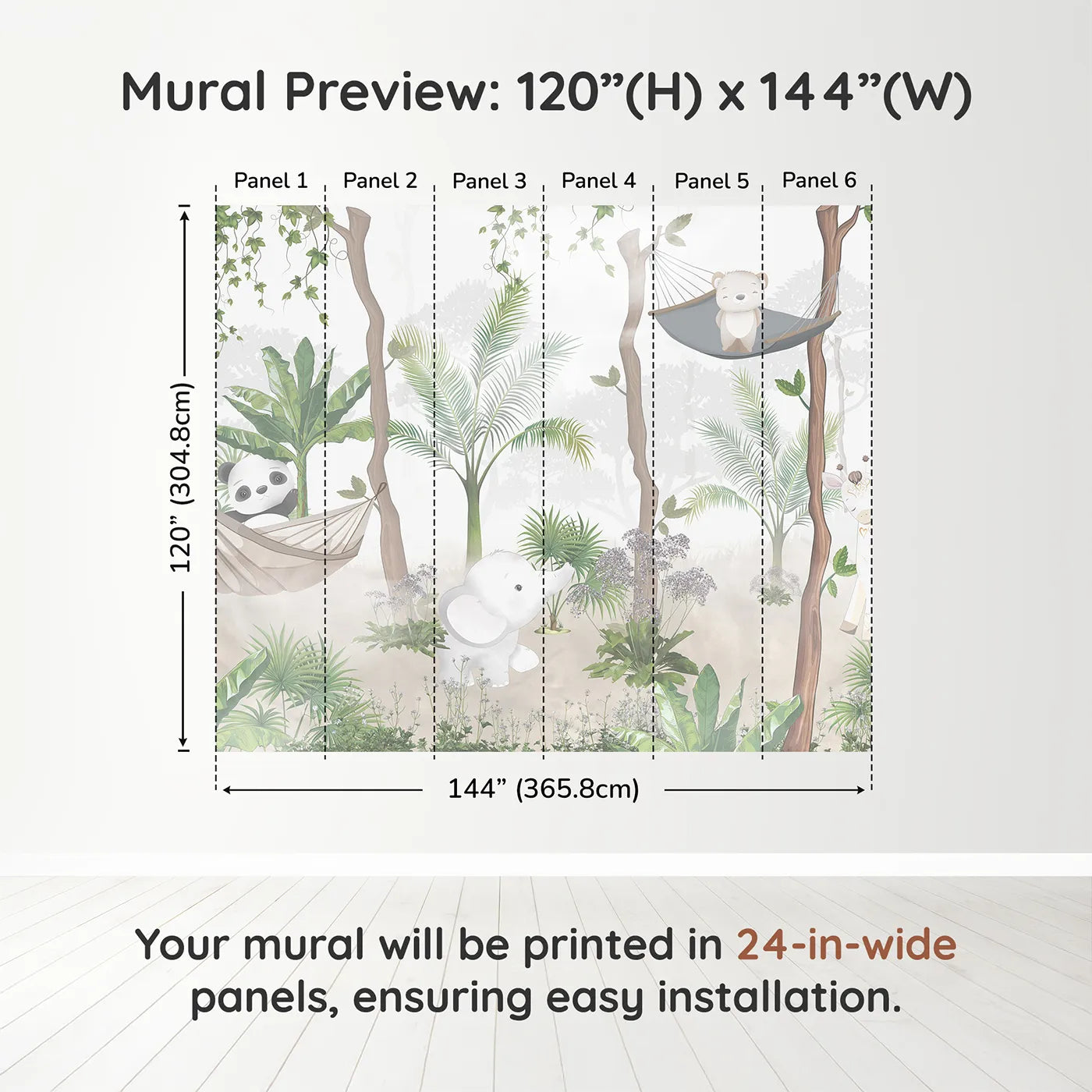 Whimsy Tots Jungle Hangout Wall Muraldimension view (120" H x 144" W). Printed in six 24-inch-wide panels. Gender-Neutral
