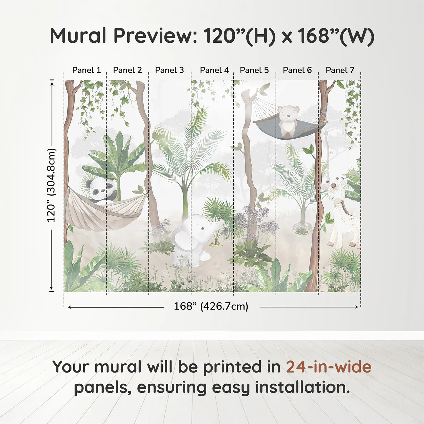 Whimsy Tots Jungle Hangout Wall Muraldimension view (120" H x 168" W). Printed in seven 24-inch-wide panels. Gender-Neutral
