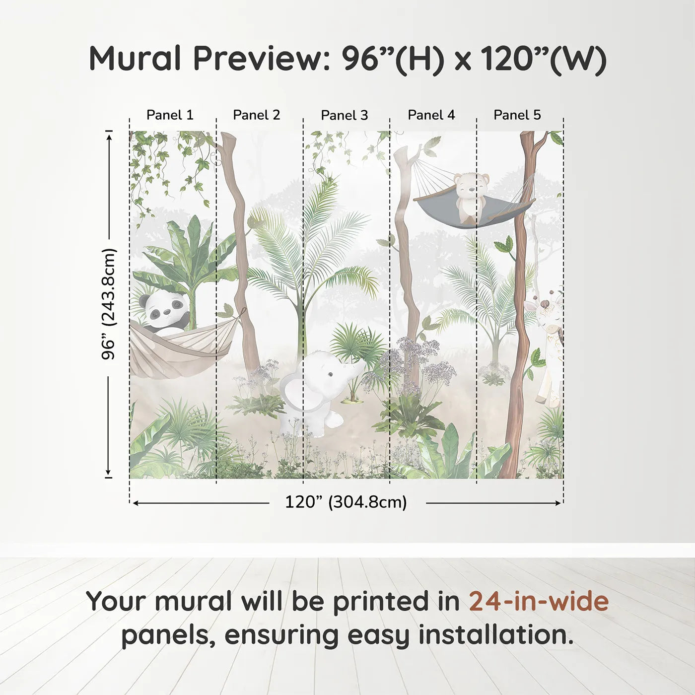 Whimsy Tots Jungle Hangout Wall Muraldimension view (96" H x 120" W). Printed in five 24-inch-wide panels. Gender-Neutral
