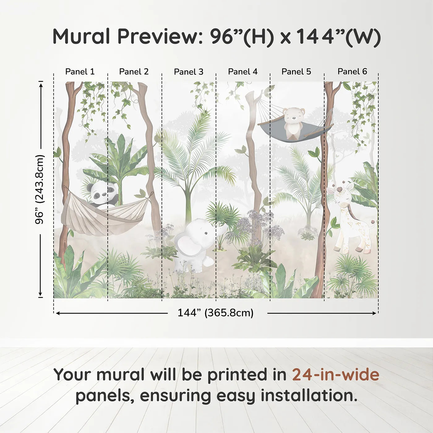 Whimsy Tots Jungle Hangout Wall Muraldimension view (96" H x 144" W). Printed in six 24-inch-wide panels. Gender-Neutral
