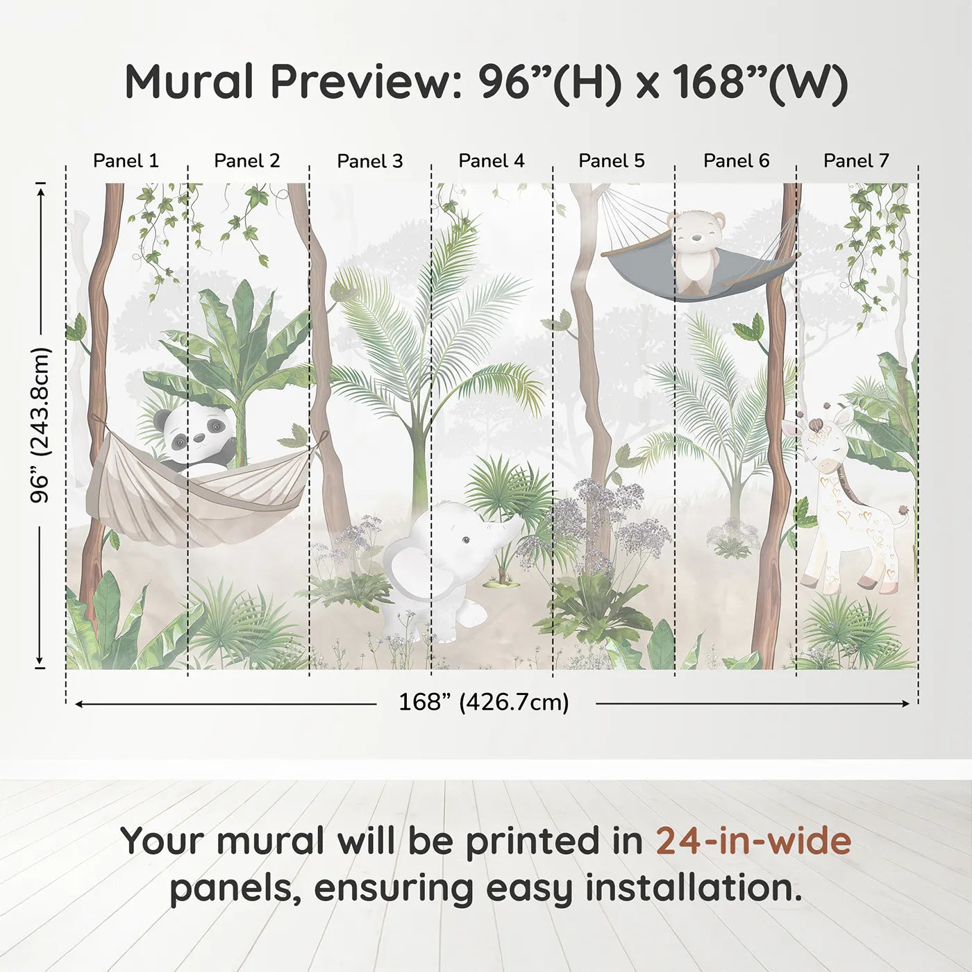 Whimsy Tots Jungle Hangout Wall Muraldimension view (96" H x 168" W). Printed in seven 24-inch-wide panels. Gender-Neutral