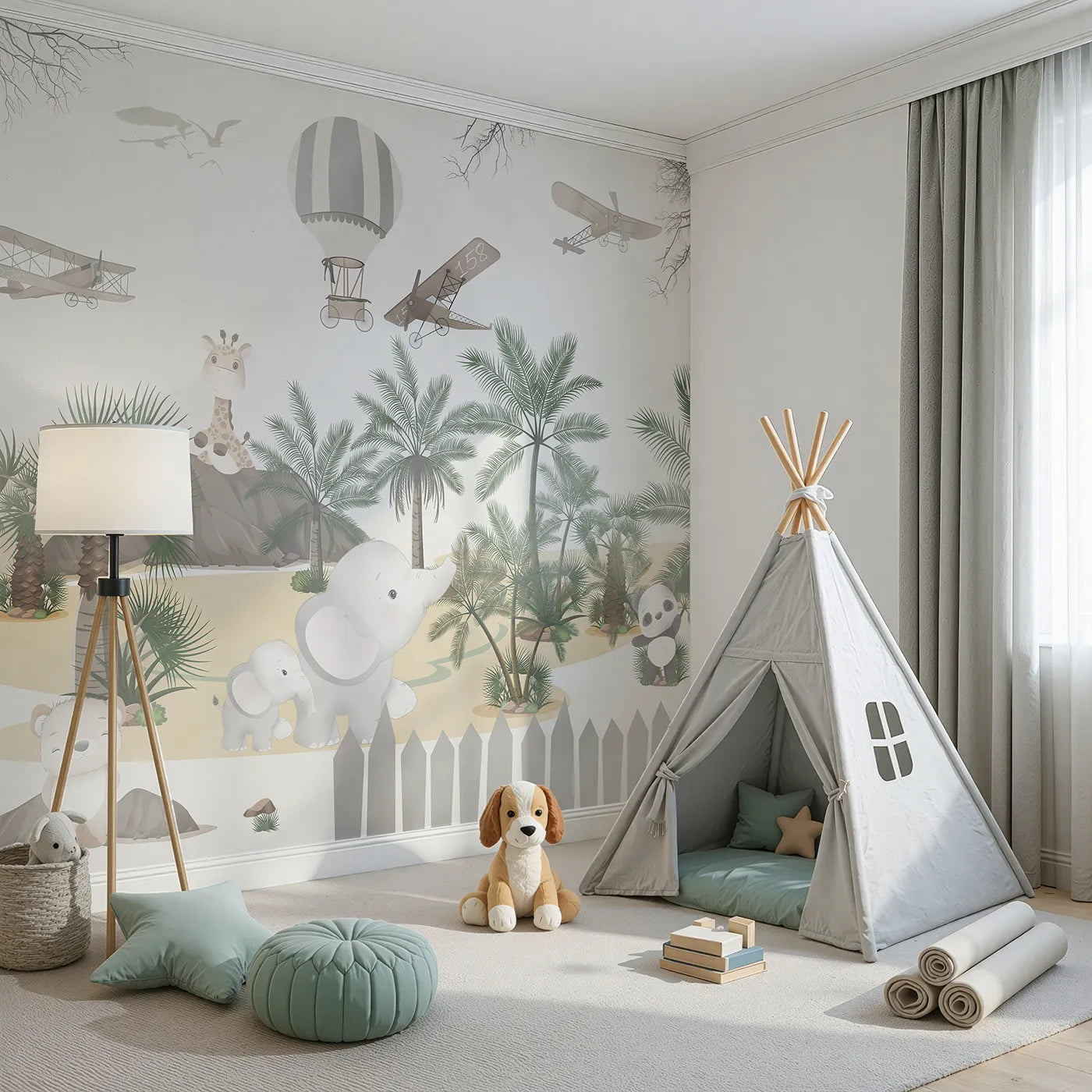 Angled view of Whimsy Tots' Safari Adventure Wall Mural (Turn Their Room into a Gentle, High-Flying Expedition).Gender-Neutral