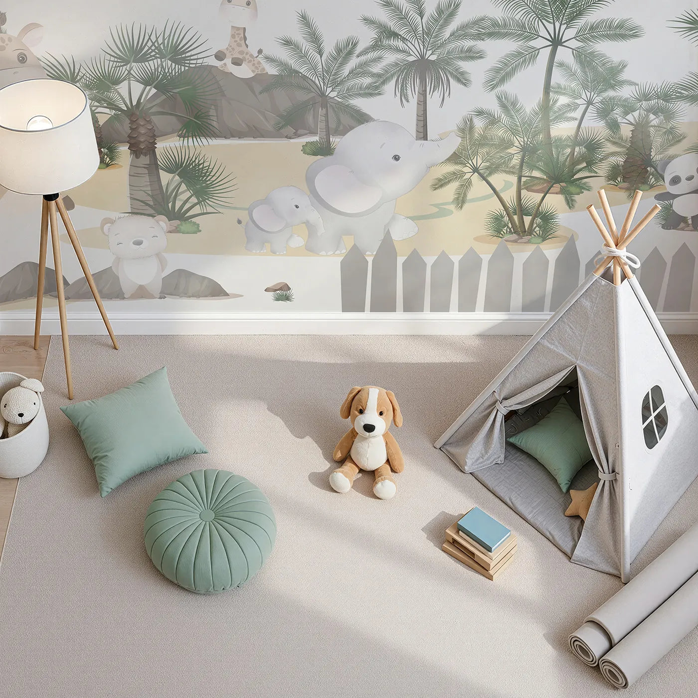 Top-down view of Whimsy Tots' Safari Adventure Wall Mural (Turn Their Room into a Gentle, High-Flying Expedition).Gender-Neutral