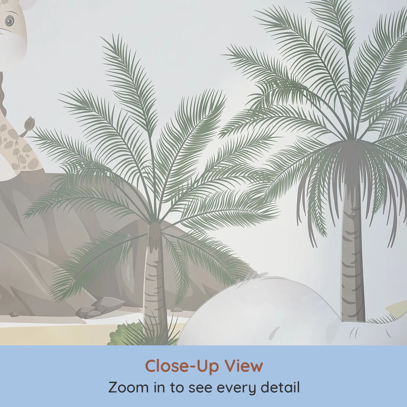 Close-up view of Whimsy Tots' Safari Adventure Wall Mural (Turn Their Room into a Gentle, High-Flying Expedition).Gender-Neutral