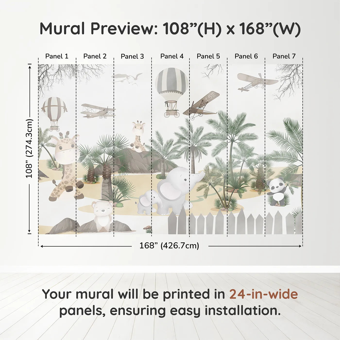 Whimsy Tots Safari Adventure Wall Muraldimension view (108" H x 168" W). Printed in seven 24-inch-wide panels. Gender-Neutral