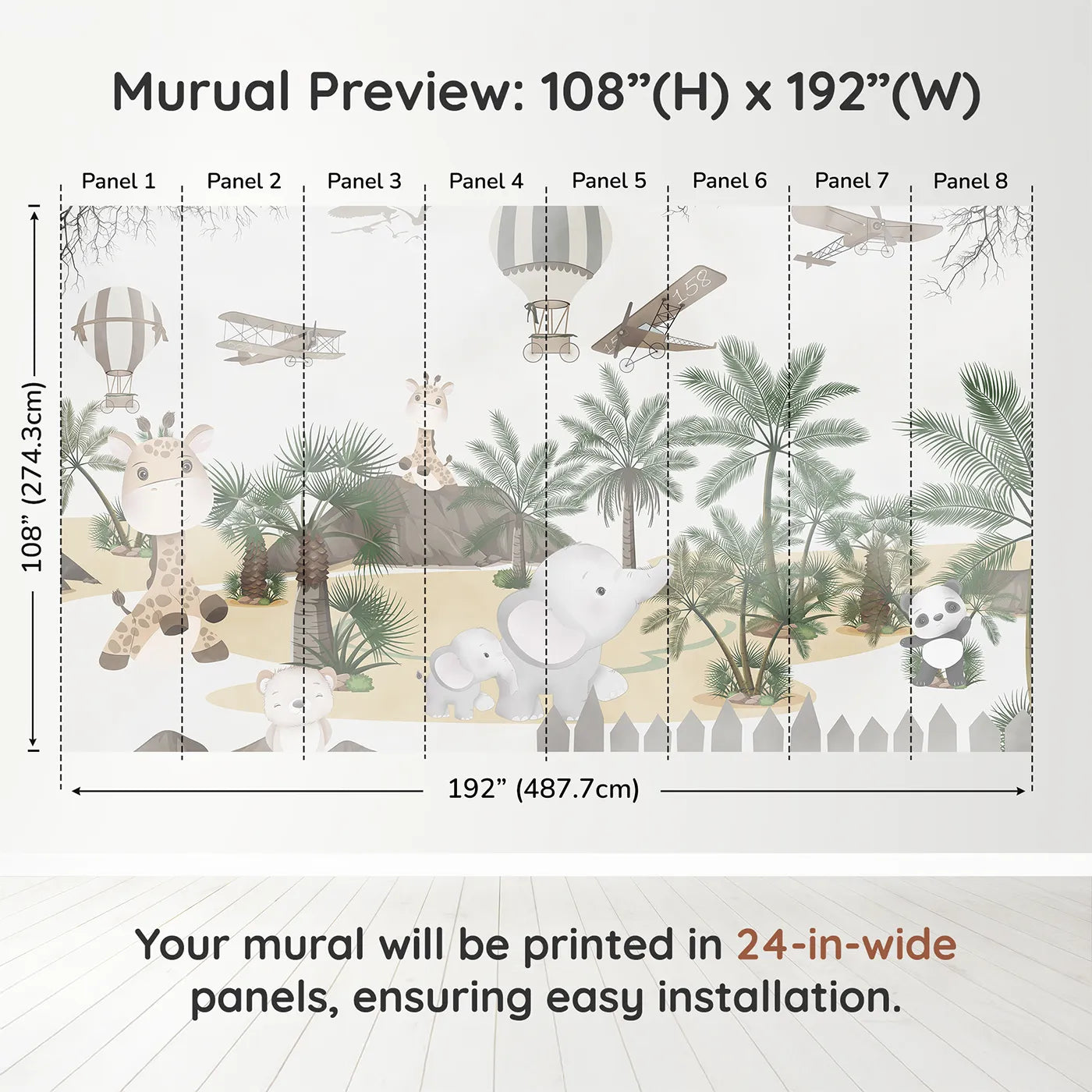 Whimsy Tots Safari Adventure Wall Muraldimension view (108" H x 192" W). Printed in eight 24-inch-wide panels. Gender-Neutral