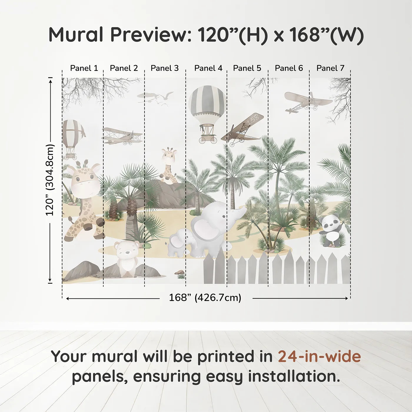 Whimsy Tots Safari Adventure Wall Muraldimension view (120" H x 168" W). Printed in seven 24-inch-wide panels. Gender-Neutral