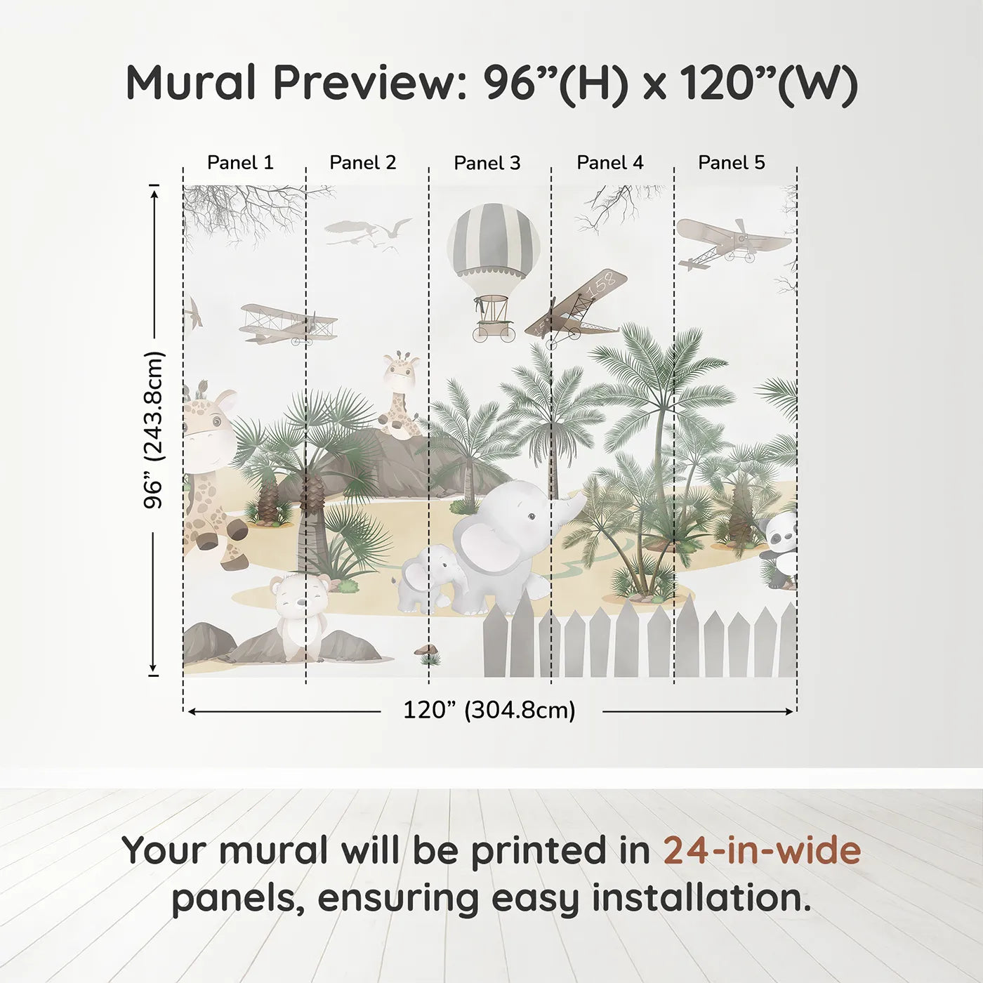 Whimsy Tots Safari Adventure Wall Muraldimension view (96" H x 120" W). Printed in five 24-inch-wide panels. Gender-Neutral