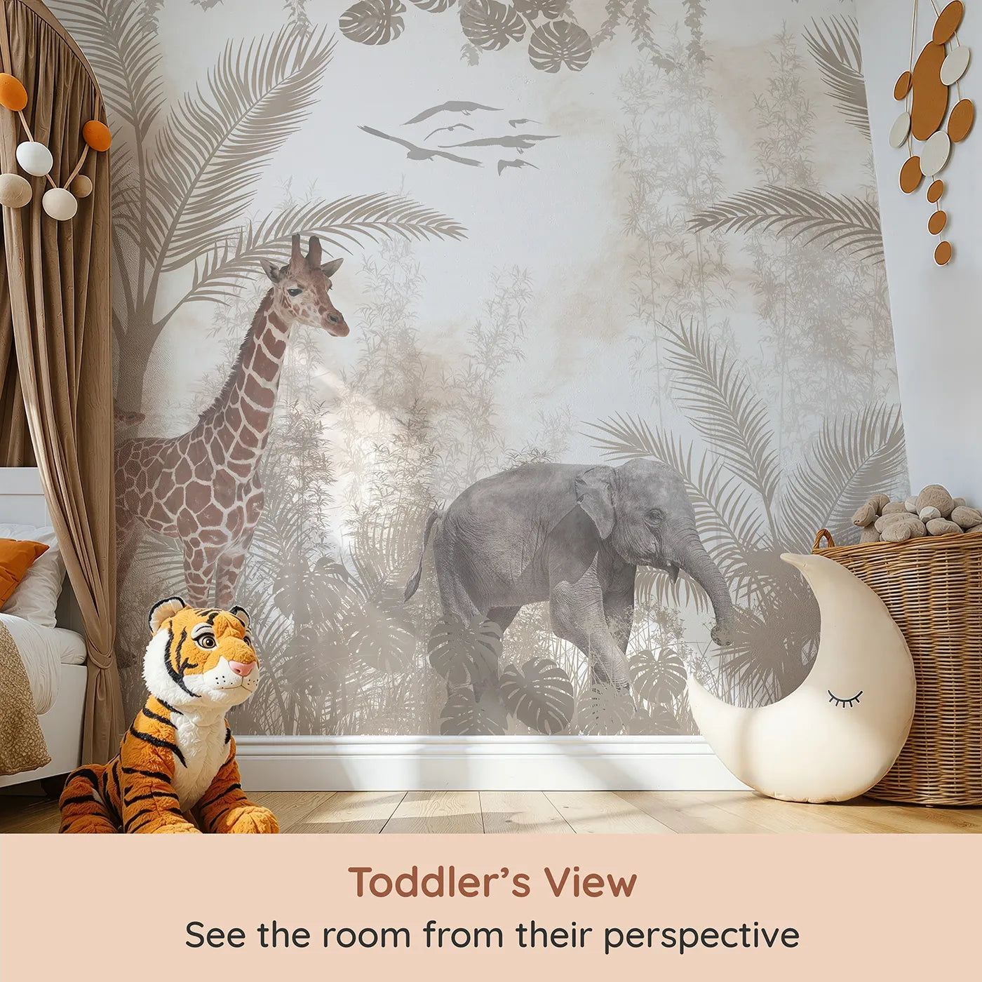 Whimsy Tots Sepia Safari Wall Mural (Turn Their Room into a Timeless Jungle Expedition) from your child's view.Gender-Neutral