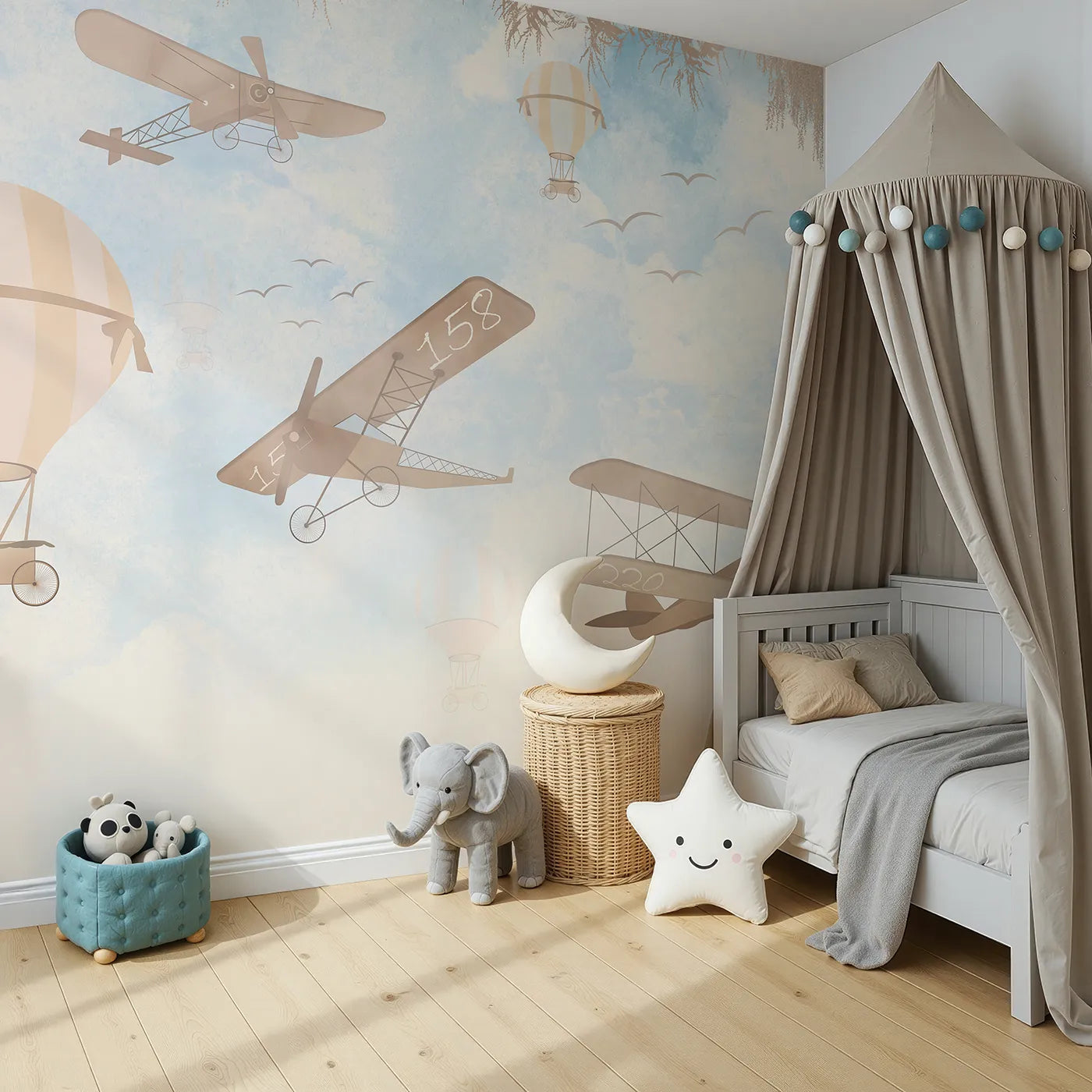 Angled view of Whimsy Tots' Vintage Sky Journey Wall Mural (Turn Their Room into a Dreamy, High-Flying Adventure).Gender-Neutral