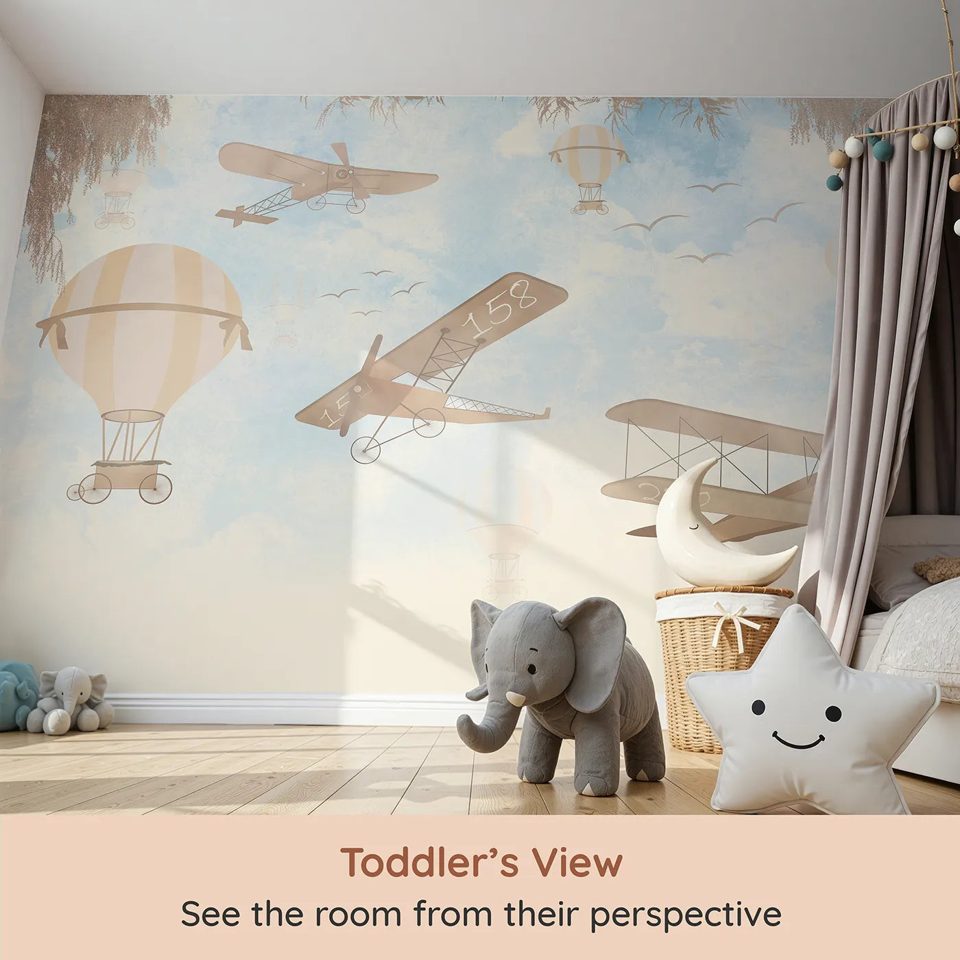 Whimsy Tots Vintage Sky Journey Wall Mural (Turn Their Room into a Dreamy, High-Flying Adventure) from your child's view.Gender-Neutral