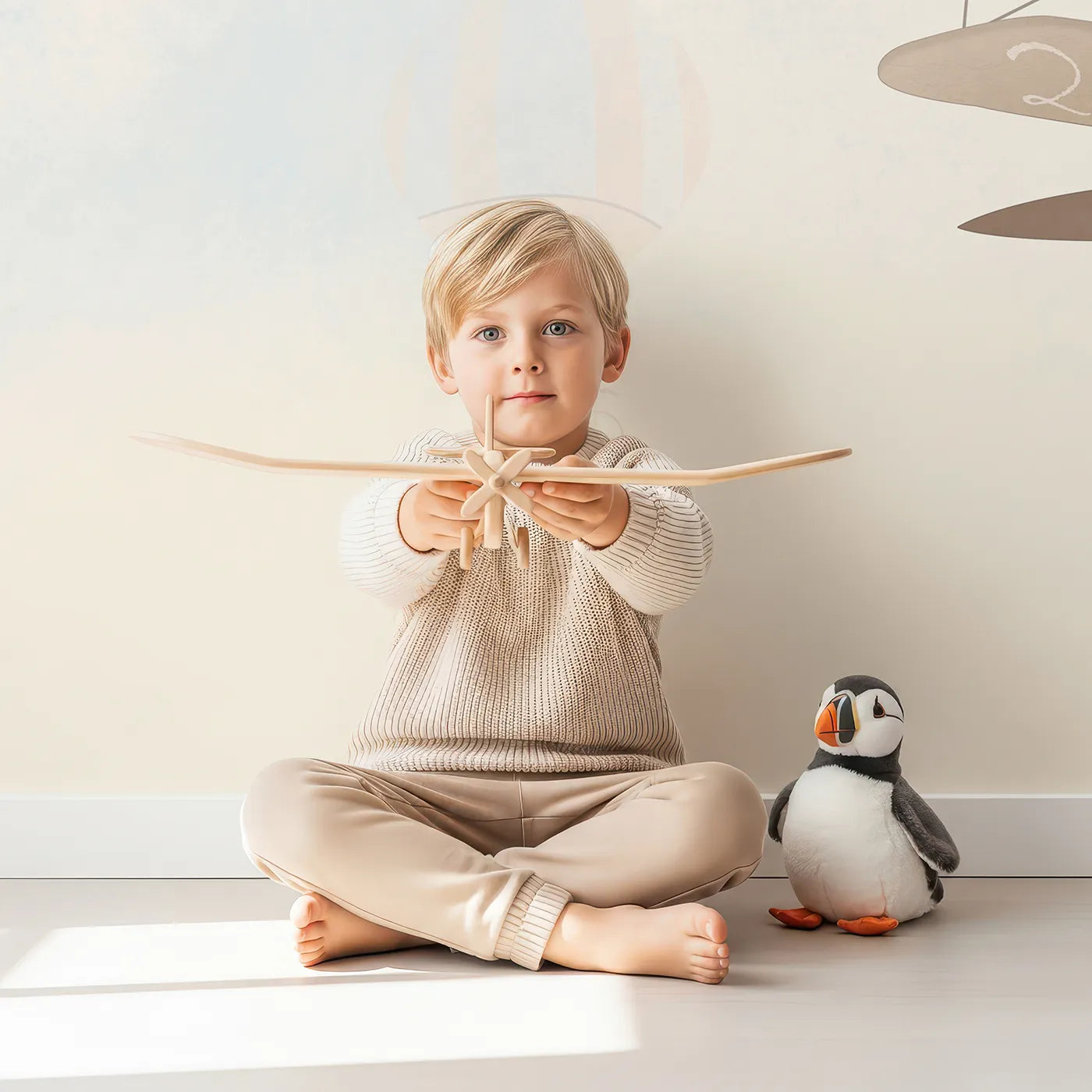 Child in front of Whimsy Tots Vintage Sky Journey Wall Mural with airplane, balloon, vintage, sky, cloud, sepia, retro, biplane in design.