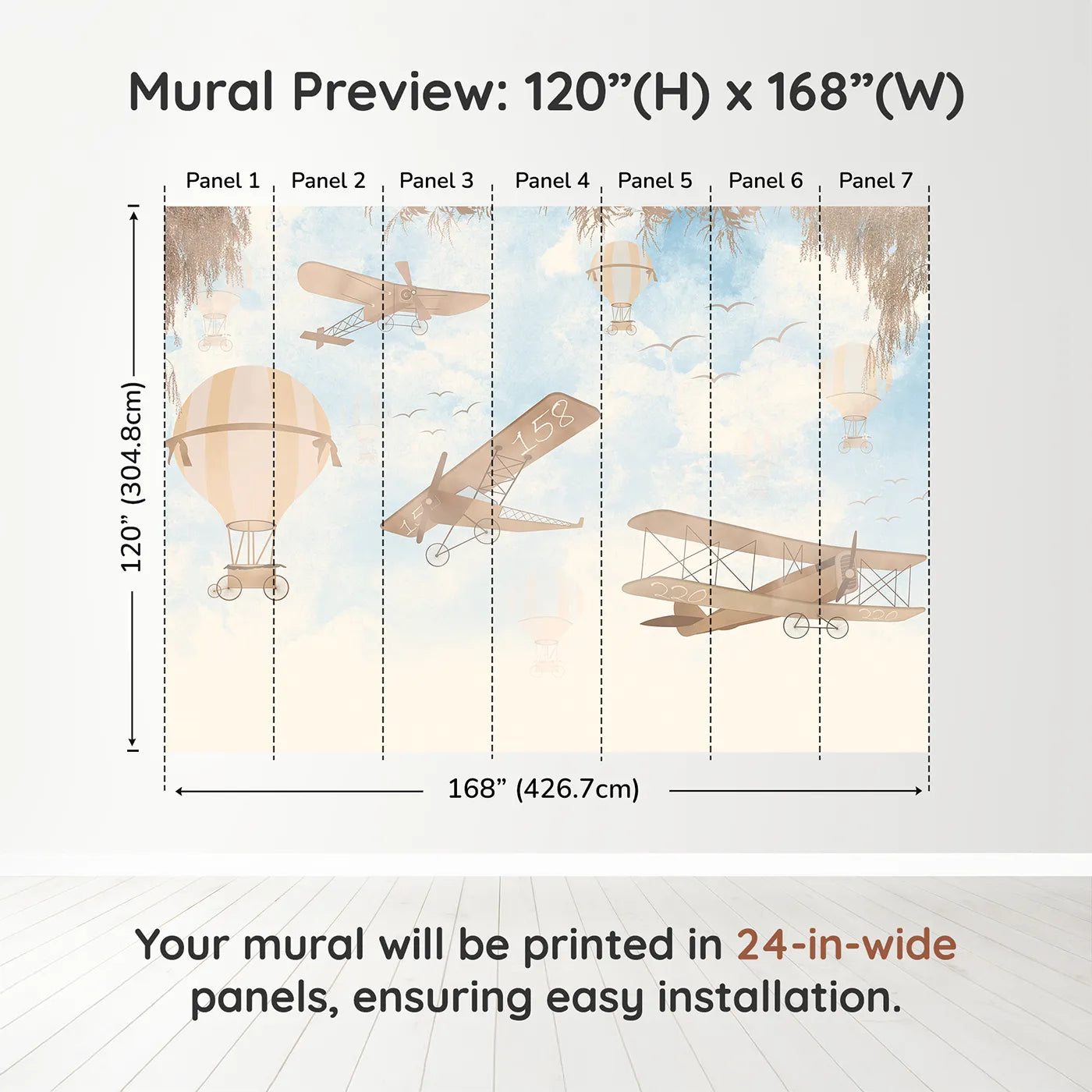 Whimsy Tots Vintage Sky Journey Wall Muraldimension view (120" H x 168" W). Printed in seven 24-inch-wide panels. Gender-Neutral