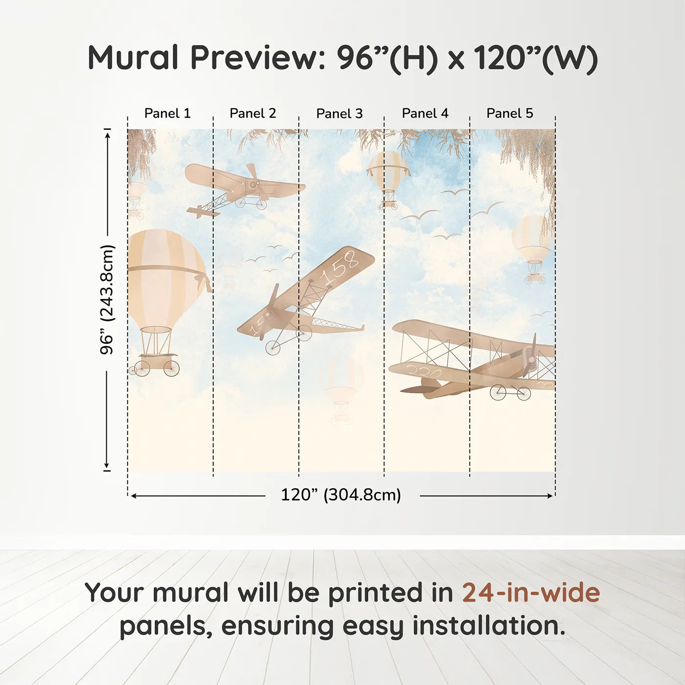 Whimsy Tots Vintage Sky Journey Wall Muraldimension view (96" H x 120" W). Printed in five 24-inch-wide panels. Gender-Neutral