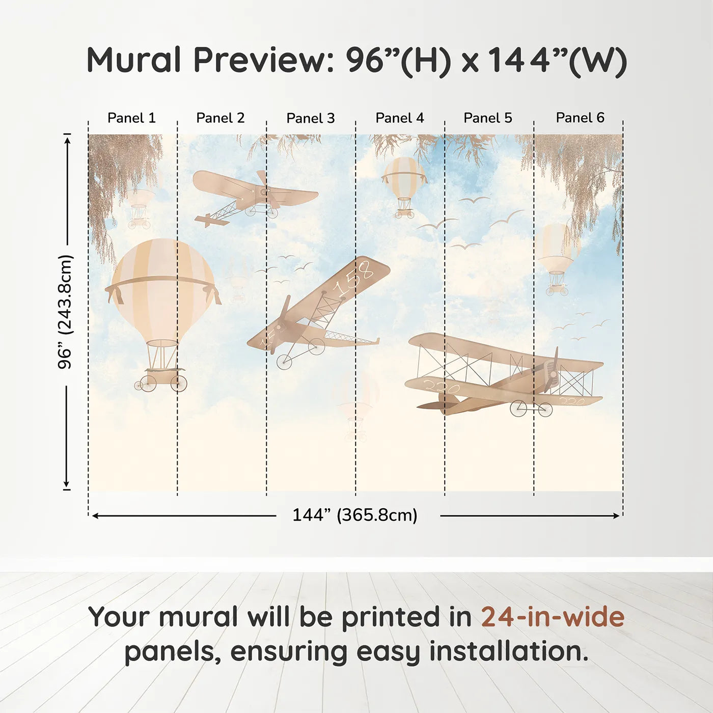 Whimsy Tots Vintage Sky Journey Wall Muraldimension view (96" H x 144" W). Printed in six 24-inch-wide panels. Gender-Neutral
