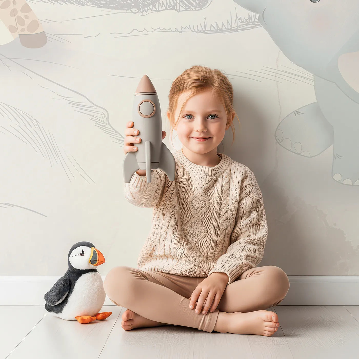 Child in front of Whimsy Tots Safari Aviator Club Wall Mural with animal, airplane, balloon, safari, cute, mountain, vintage, sketch in design.