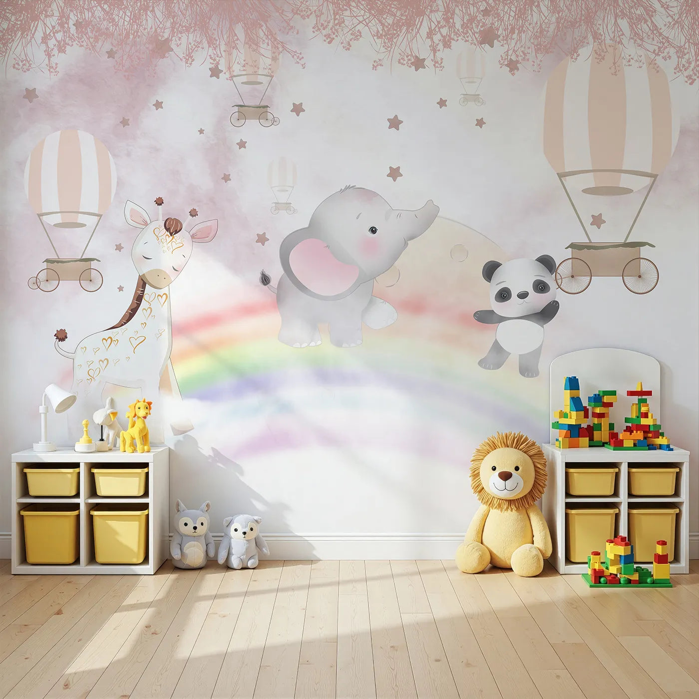 Angled view of Whimsy Tots' Rainbow Safari Wall Mural (Turn Their Room into a Magical, High-Flying Dream).Best for Girls