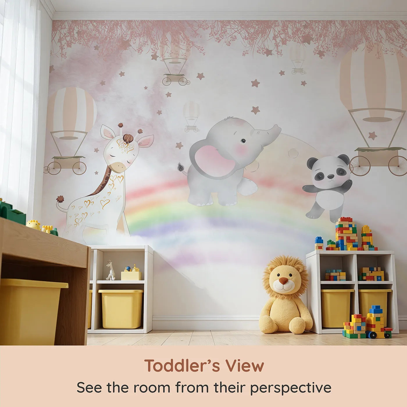 Whimsy Tots Rainbow Safari Wall Mural (Turn Their Room into a Magical, High-Flying Dream) from your child's view.Best for Girls