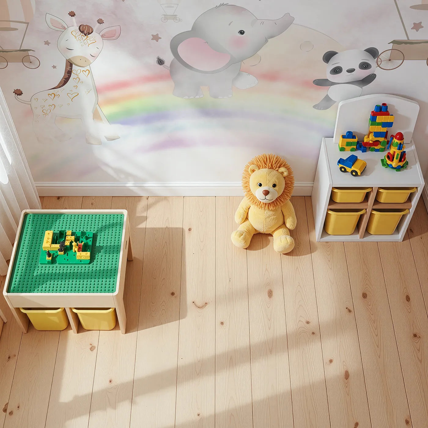 Top-down view of Whimsy Tots' Rainbow Safari Wall Mural (Turn Their Room into a Magical, High-Flying Dream).Best for Girls