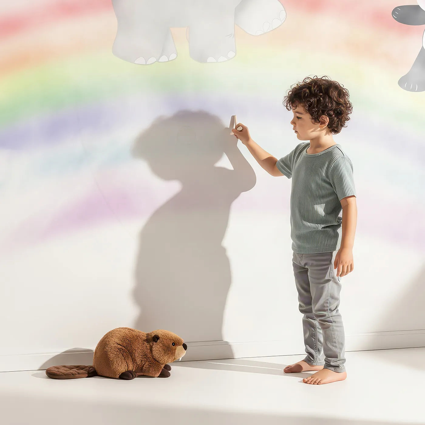 Child in front of Whimsy Tots Rainbow Safari Wall Mural with animal, safari, rainbow, cute, sky, star, balloon, pastel in design.