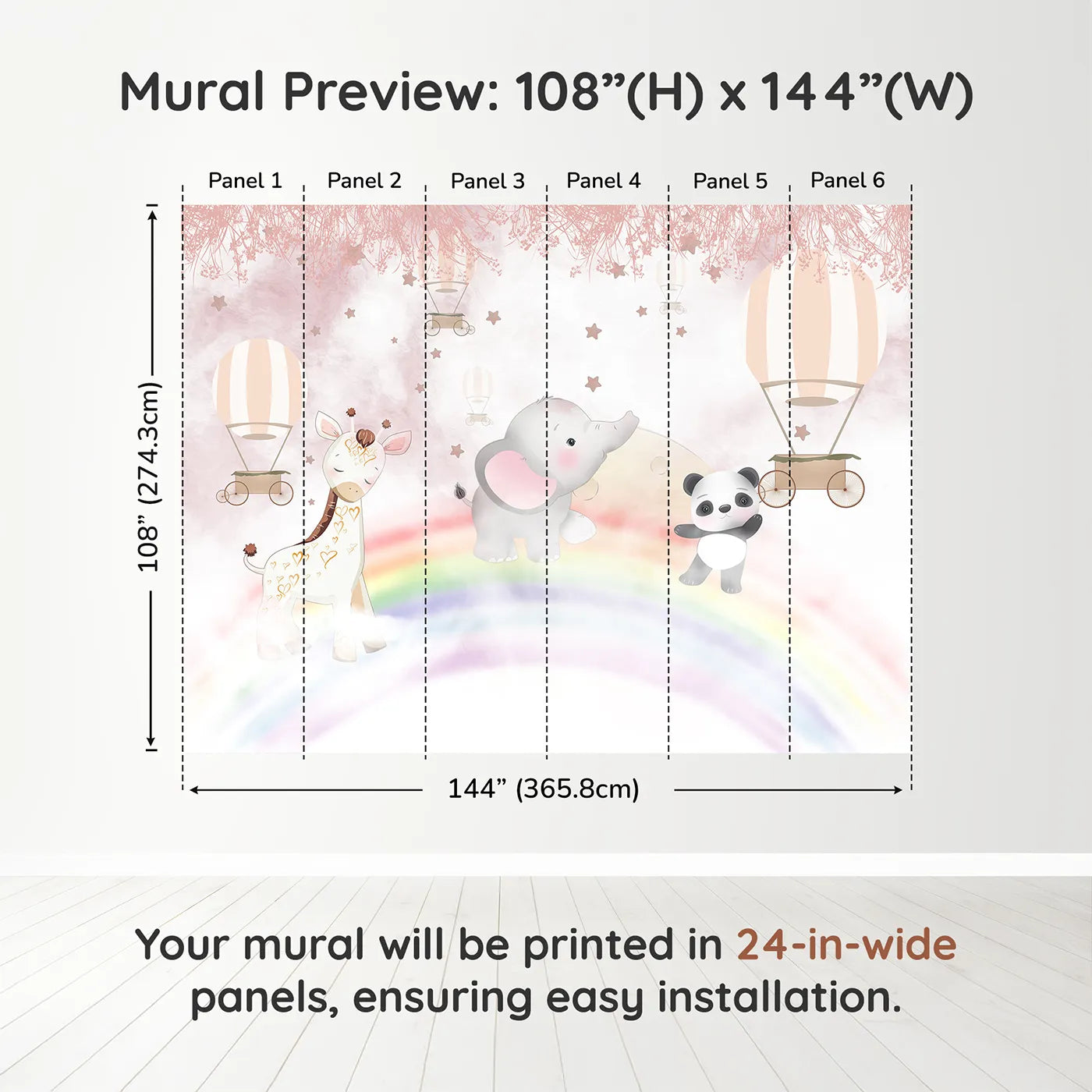 Whimsy Tots Rainbow Safari Wall Muraldimension view (108" H x 144" W). Printed in six 24-inch-wide panels. Best for Girls