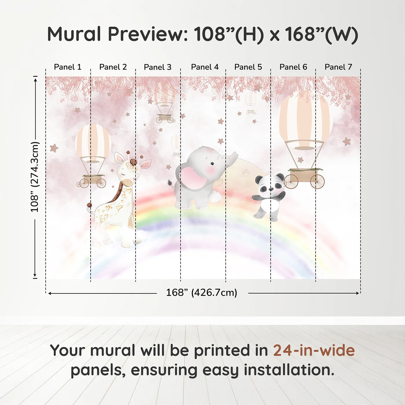 Whimsy Tots Rainbow Safari Wall Muraldimension view (108" H x 168" W). Printed in seven 24-inch-wide panels. Best for Girls