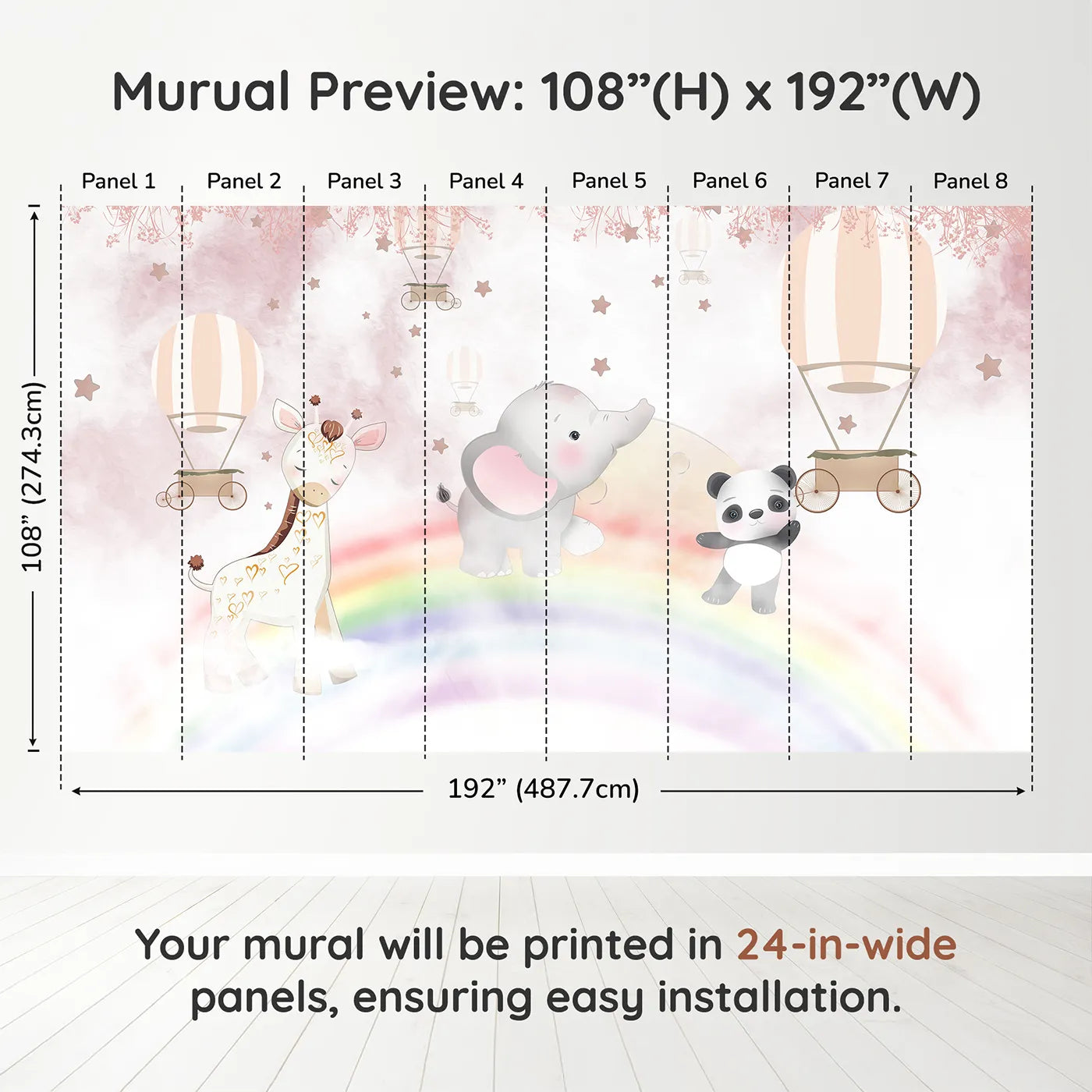 Whimsy Tots Rainbow Safari Wall Muraldimension view (108" H x 192" W). Printed in eight 24-inch-wide panels. Best for Girls