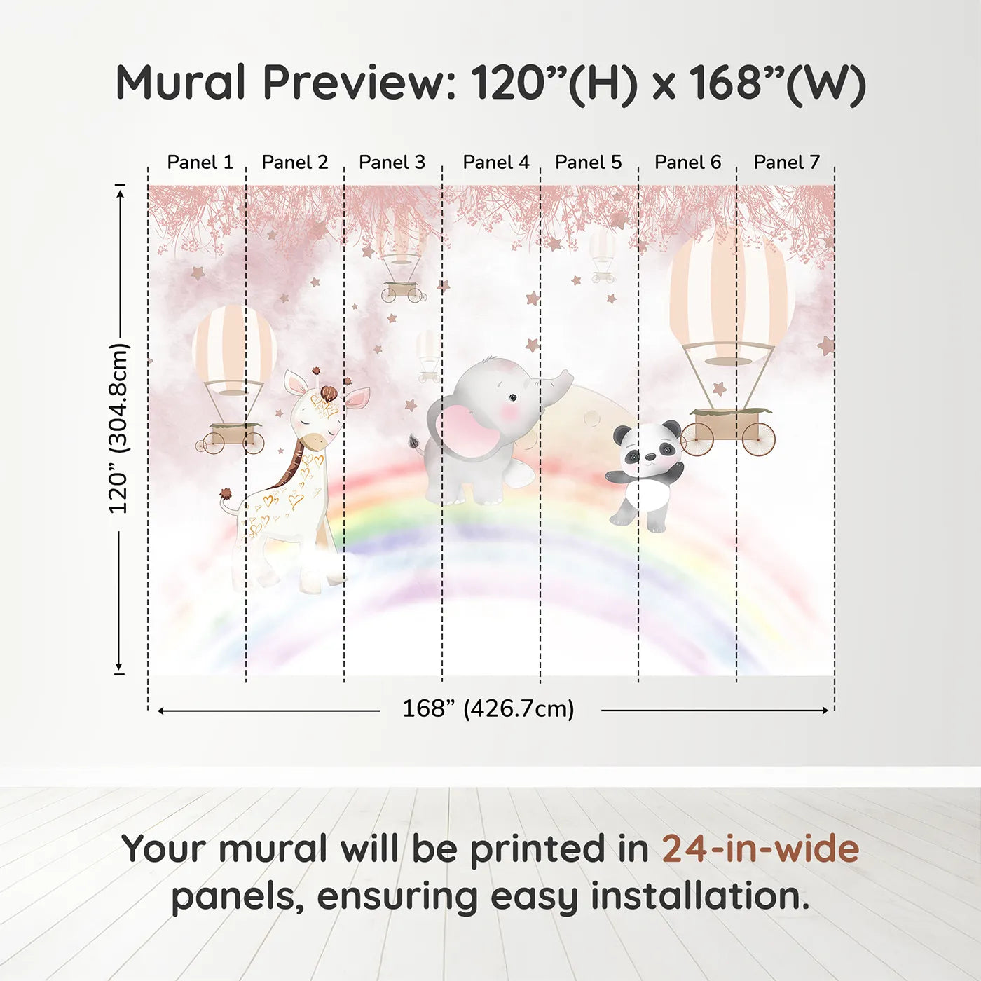 Whimsy Tots Rainbow Safari Wall Muraldimension view (120" H x 168" W). Printed in seven 24-inch-wide panels. Best for Girls
