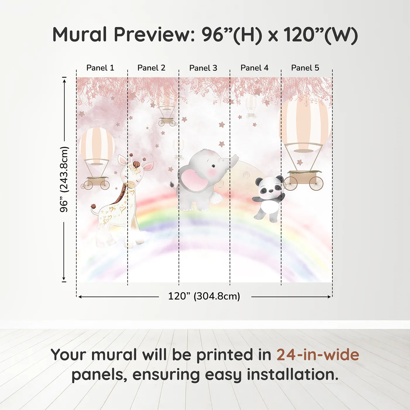 Whimsy Tots Rainbow Safari Wall Muraldimension view (96" H x 120" W). Printed in five 24-inch-wide panels. Best for Girls