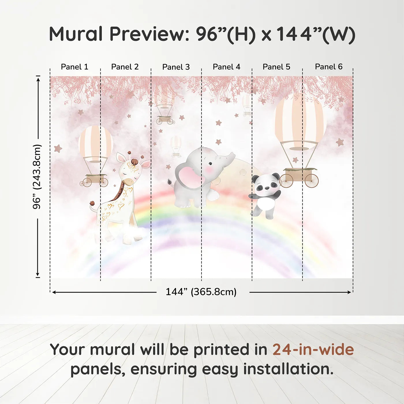 Whimsy Tots Rainbow Safari Wall Muraldimension view (96" H x 144" W). Printed in six 24-inch-wide panels. Best for Girls