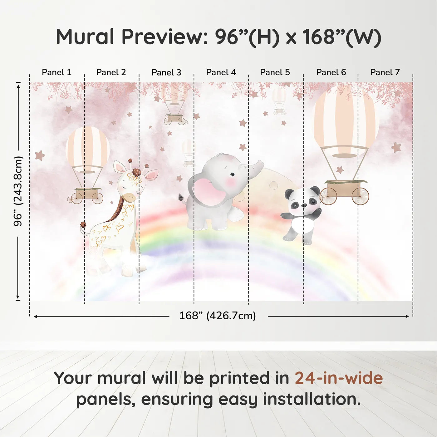 Whimsy Tots Rainbow Safari Wall Muraldimension view (96" H x 168" W). Printed in seven 24-inch-wide panels. Best for Girls