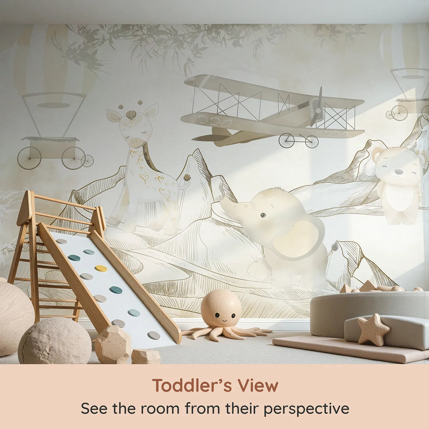 Whimsy Tots Safari Mountain Adventure Wall Mural (Turn Their Room into a Gentle, High-Flying Expedition) from your child's view.Gender-Neutral